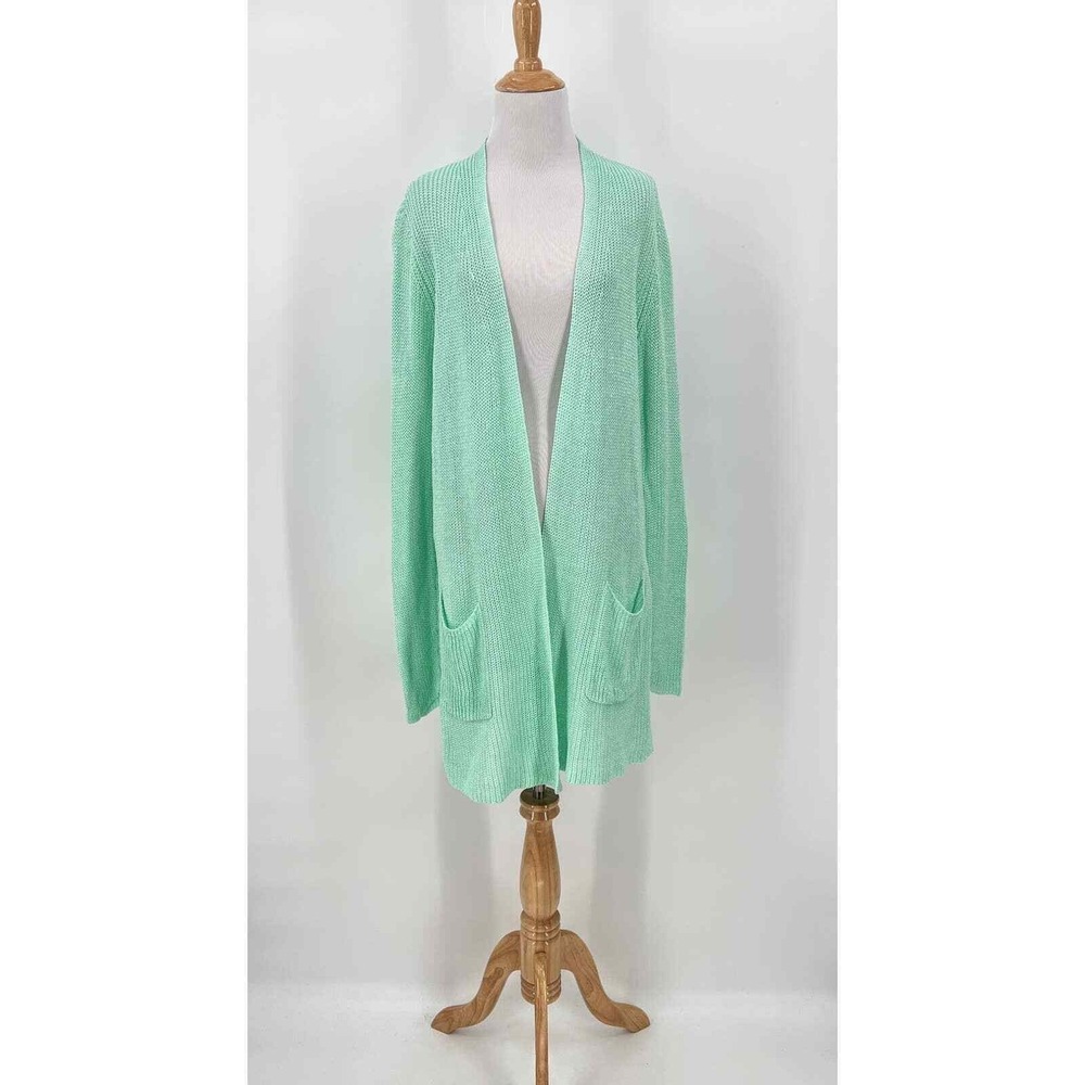 EILEEN FISHER Linen Cardigan Women Medium Mint Green Open Front Long Sleeve Knit